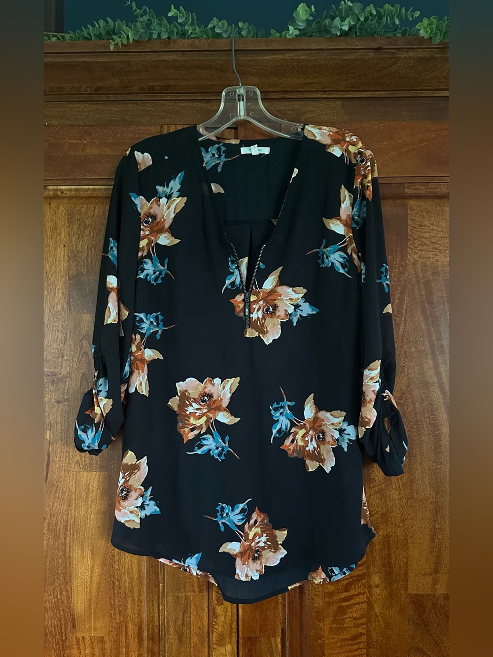 Maurices Black Floral Split-Neck Blouse